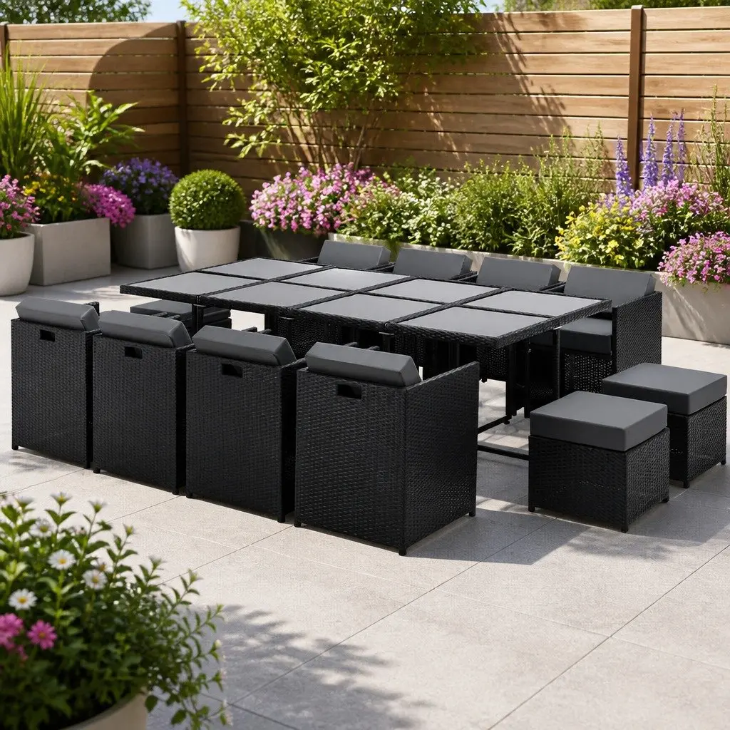 Outdoor Dining Set 13 Piece Rectangular Wicker Table and Cushioned Chairs with Ottomans for Garden Use