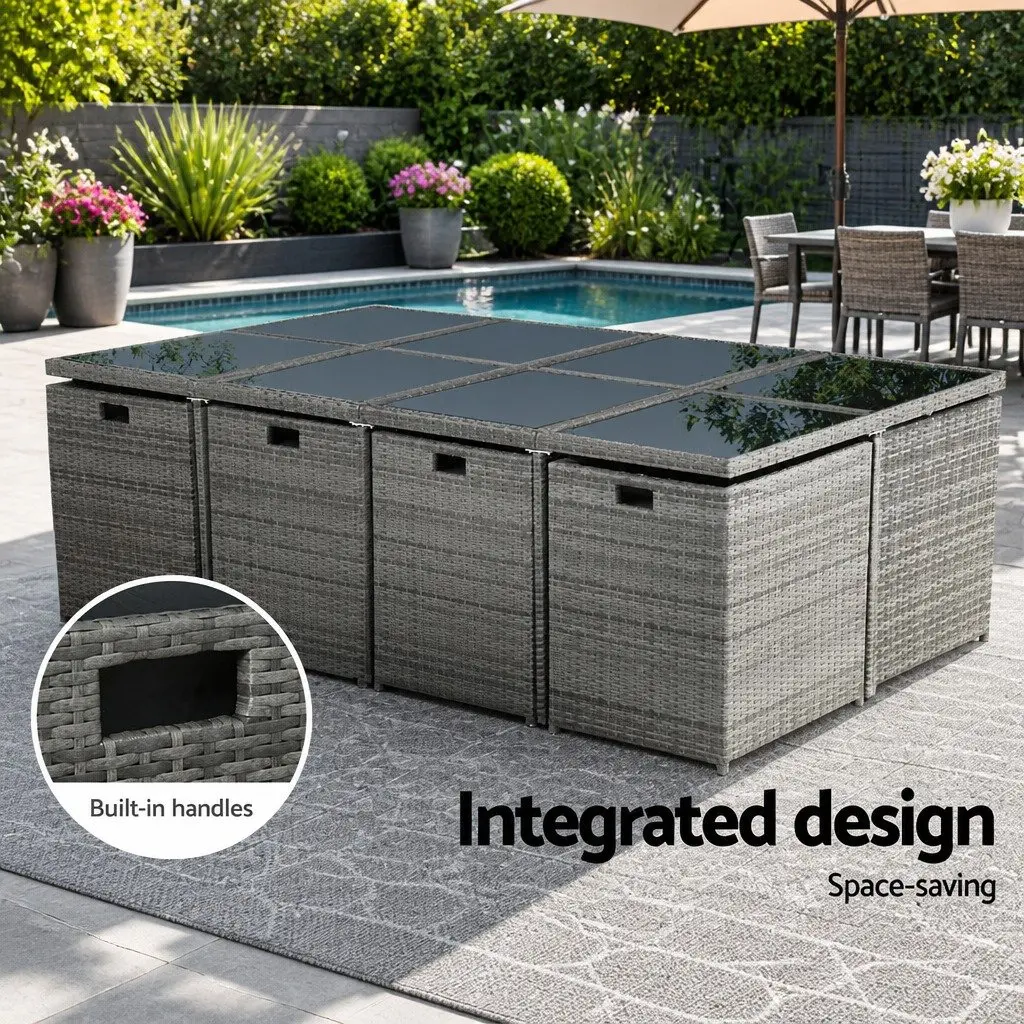 Wicker Outdoor Dining Set 13 Piece Grey Table Chairs Ottomans for Patio Space