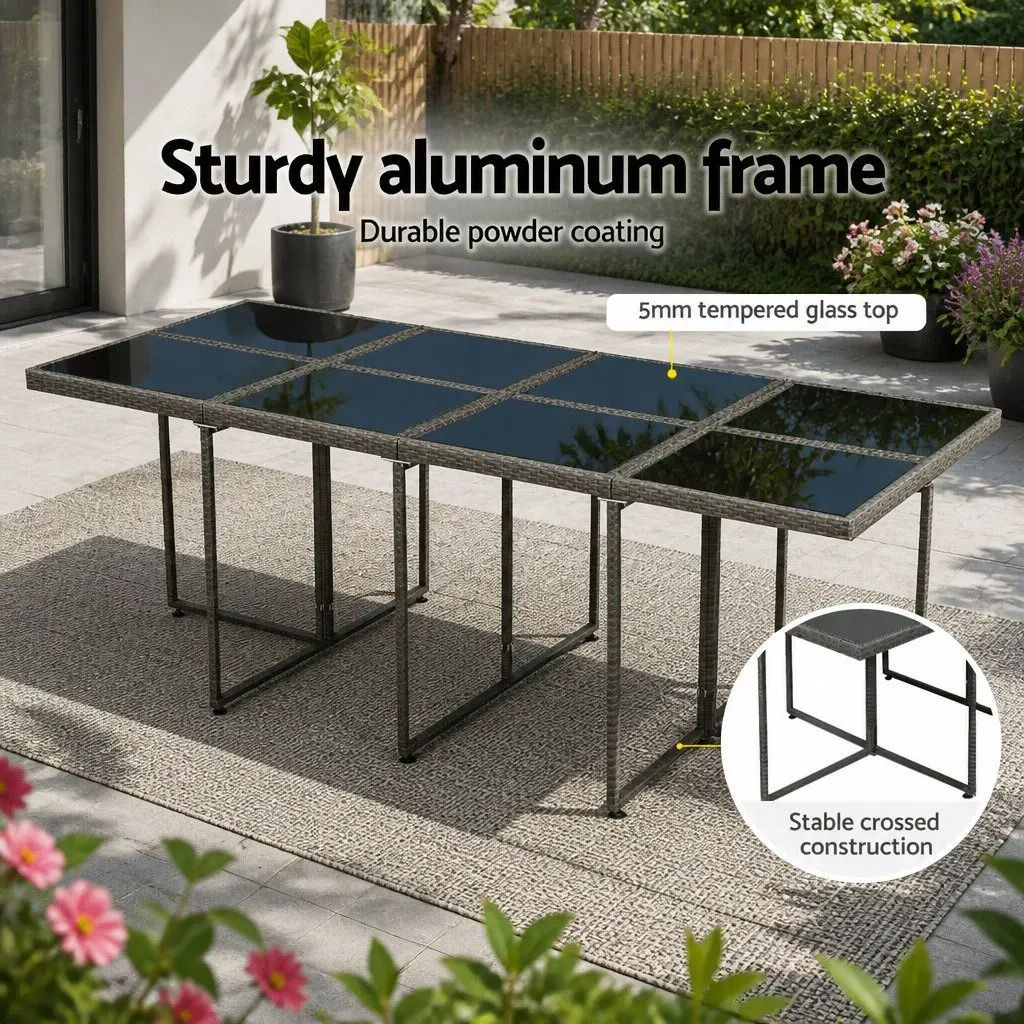 Wicker Outdoor Dining Set 13 Piece Grey Table Chairs Ottomans for Patio Space