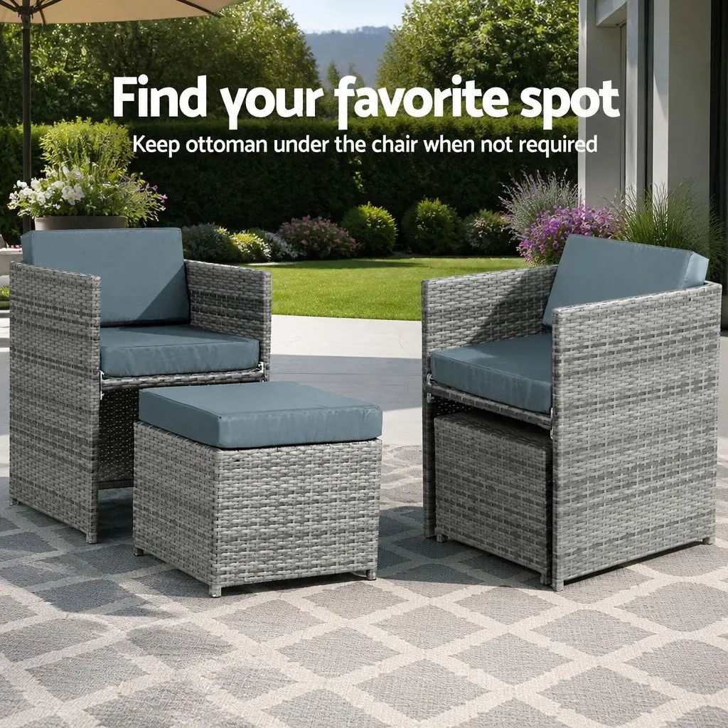 Wicker Outdoor Dining Set 13 Piece Grey Table Chairs Ottomans for Patio Space