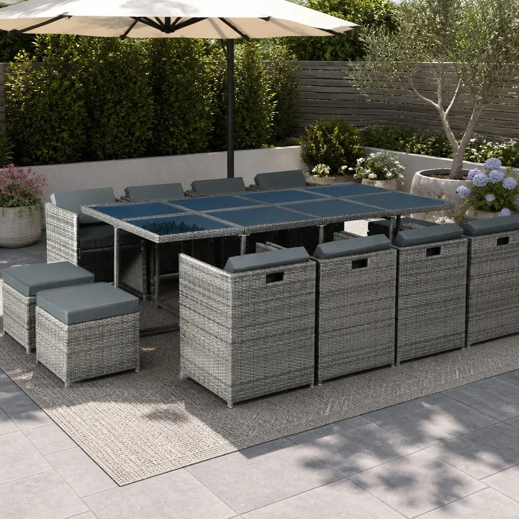 Wicker Outdoor Dining Set 13 Piece Grey Table Chairs Ottomans for Patio Space