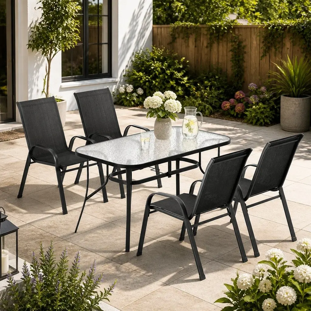 5 Piece Outdoor Dining Set for Patio Garden Black Steel Frame Tempered Glass Table Stackable Chairs