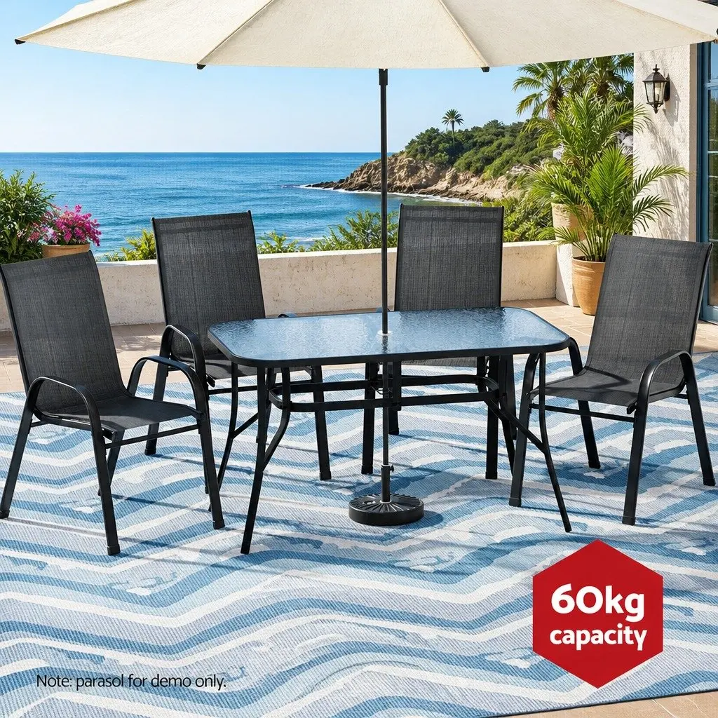 5 Piece Outdoor Dining Set for Patio Garden Black Steel Frame Tempered Glass Table Stackable Chairs
