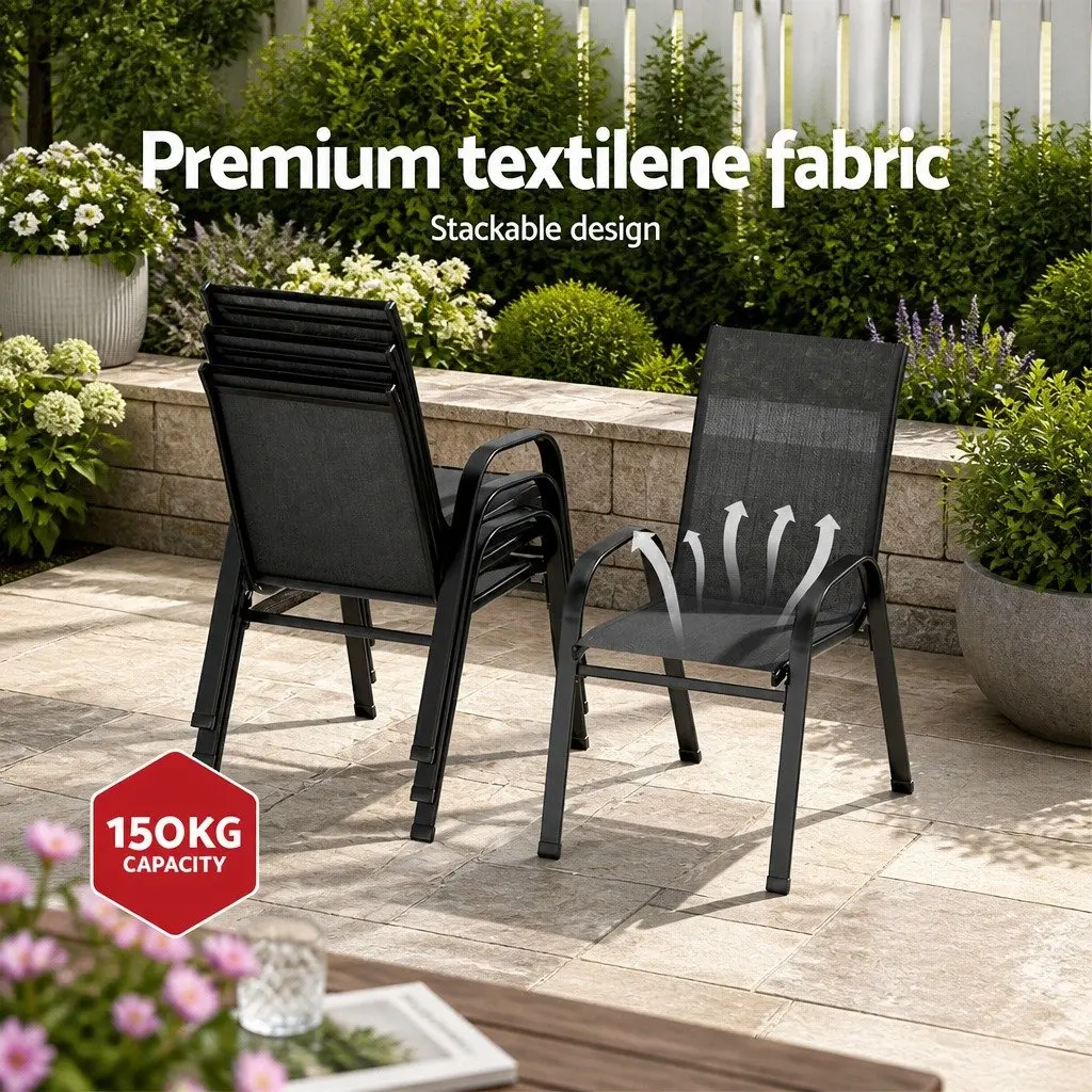 5 Piece Outdoor Dining Set for Patio Garden Black Steel Frame Tempered Glass Table Stackable Chairs