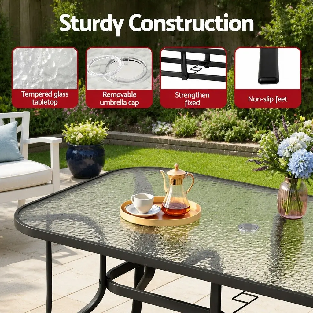 5 Piece Outdoor Dining Set for Patio Garden Black Steel Frame Tempered Glass Table Stackable Chairs