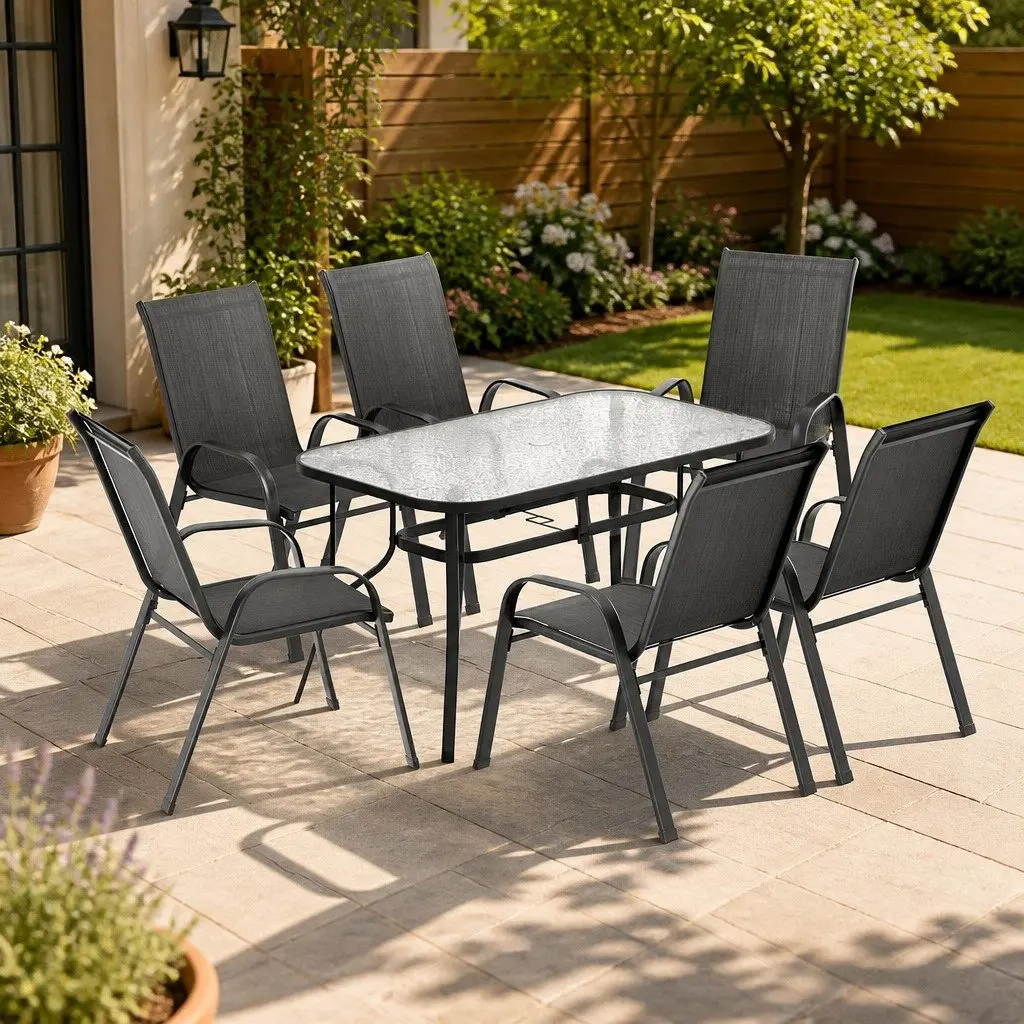 7 Piece Outdoor Dining Set for Patio Garden Black Table and Chairs