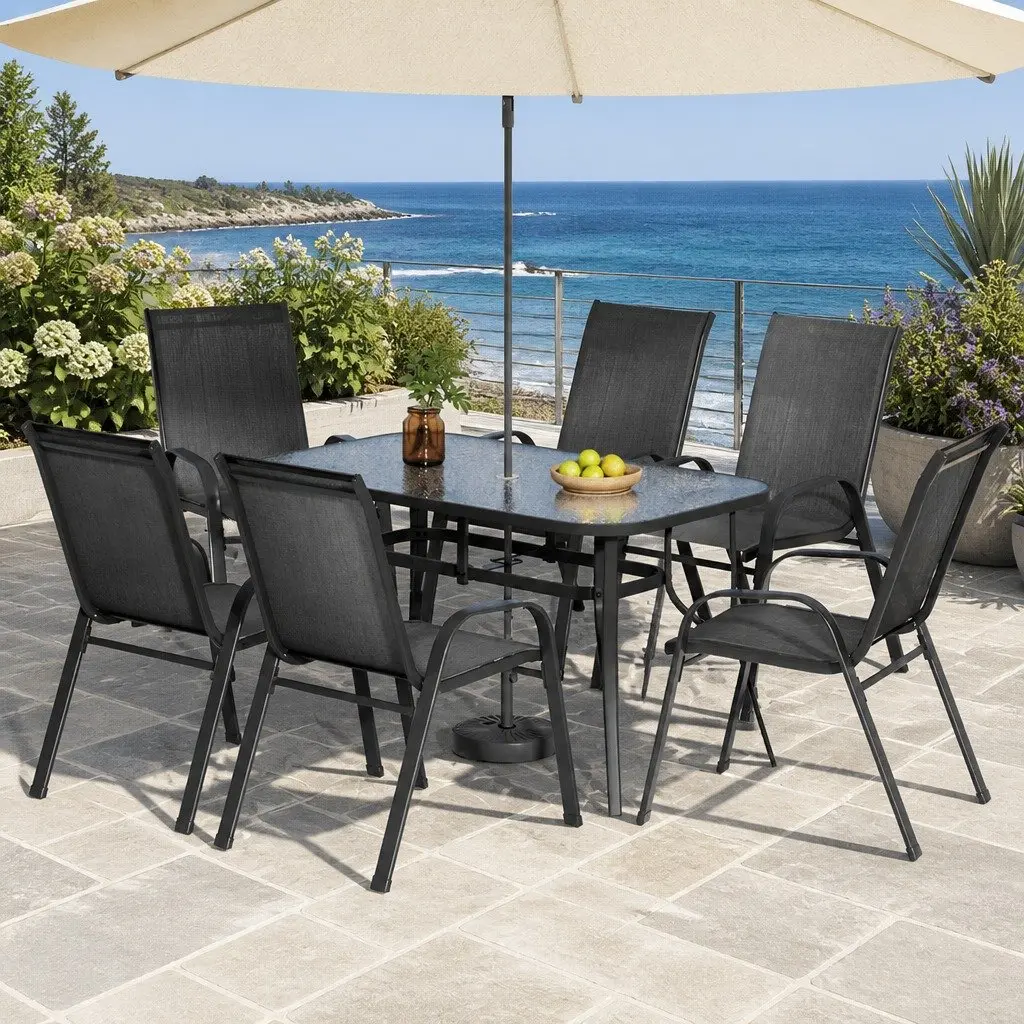 7 Piece Outdoor Dining Set for Patio Garden Black Table and Chairs