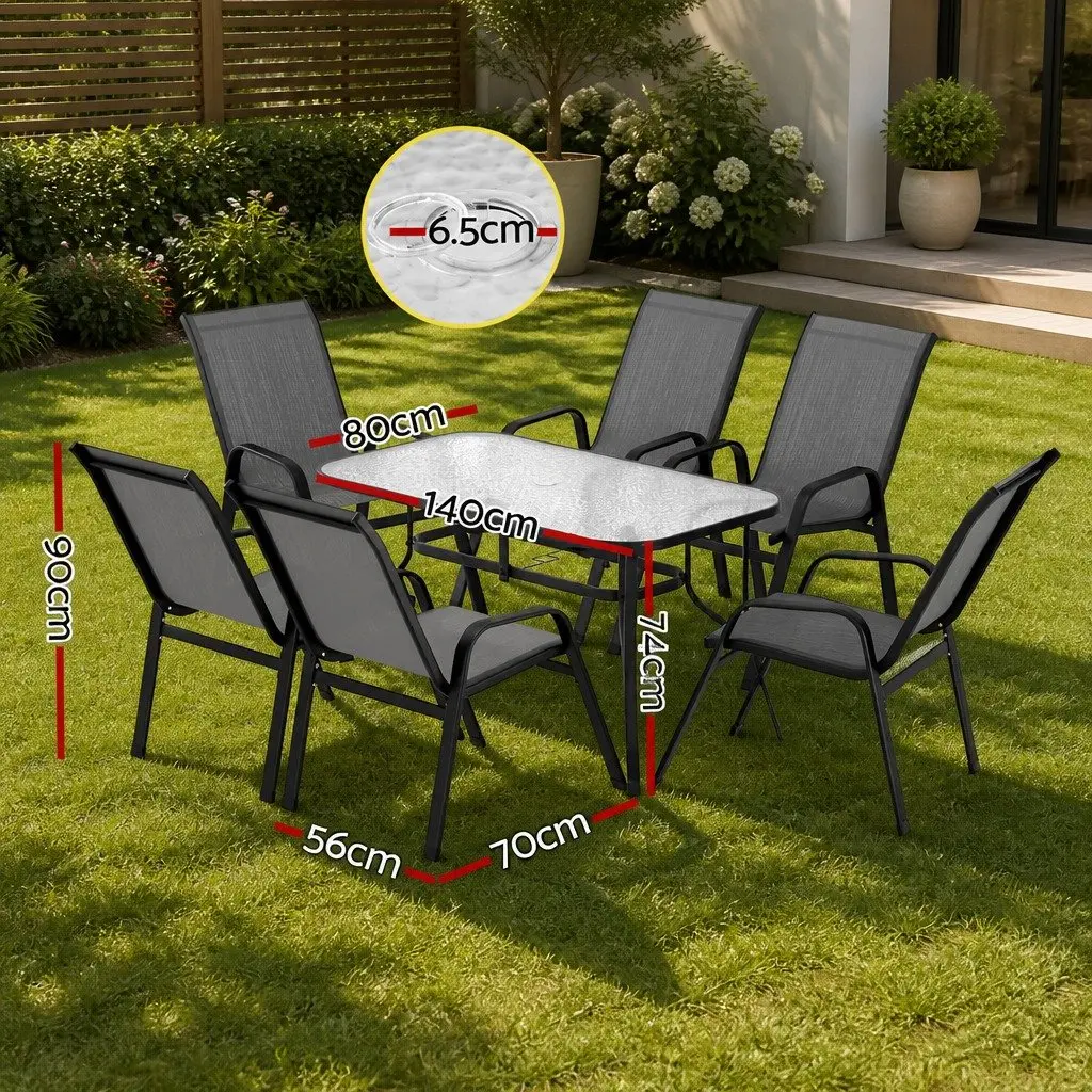 7 Piece Outdoor Dining Set Patio Glass Table Stackable Mesh Chairs
