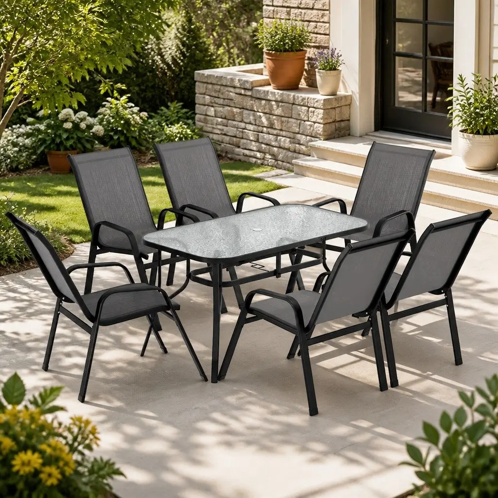 7 Piece Outdoor Dining Set Patio Glass Table Stackable Mesh Chairs