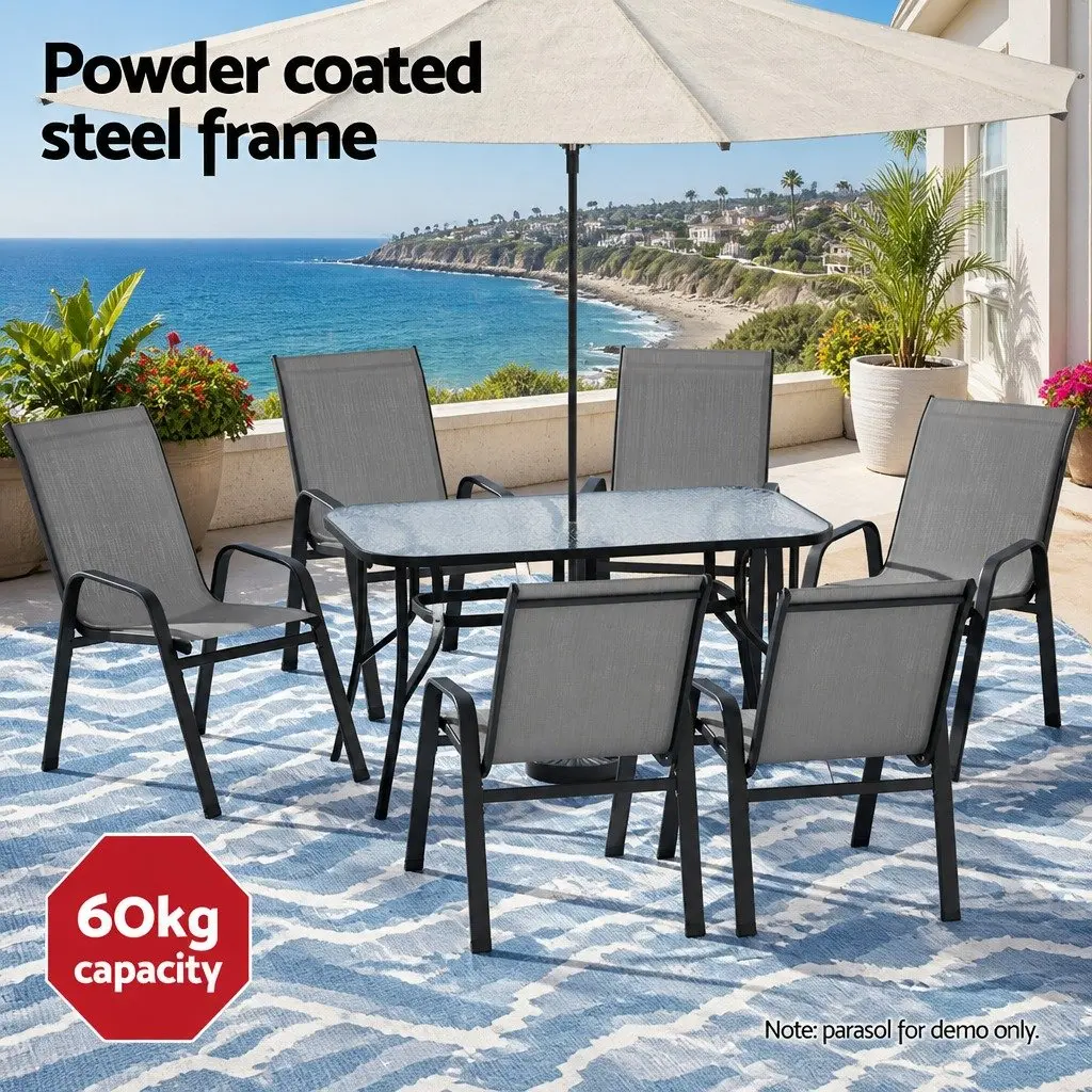 7 Piece Outdoor Dining Set Patio Glass Table Stackable Mesh Chairs