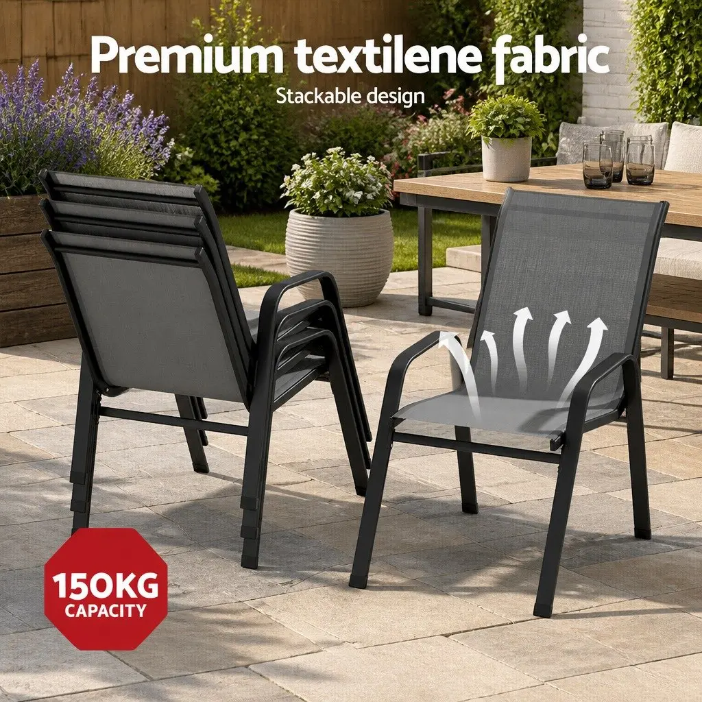 7 Piece Outdoor Dining Set Patio Glass Table Stackable Mesh Chairs
