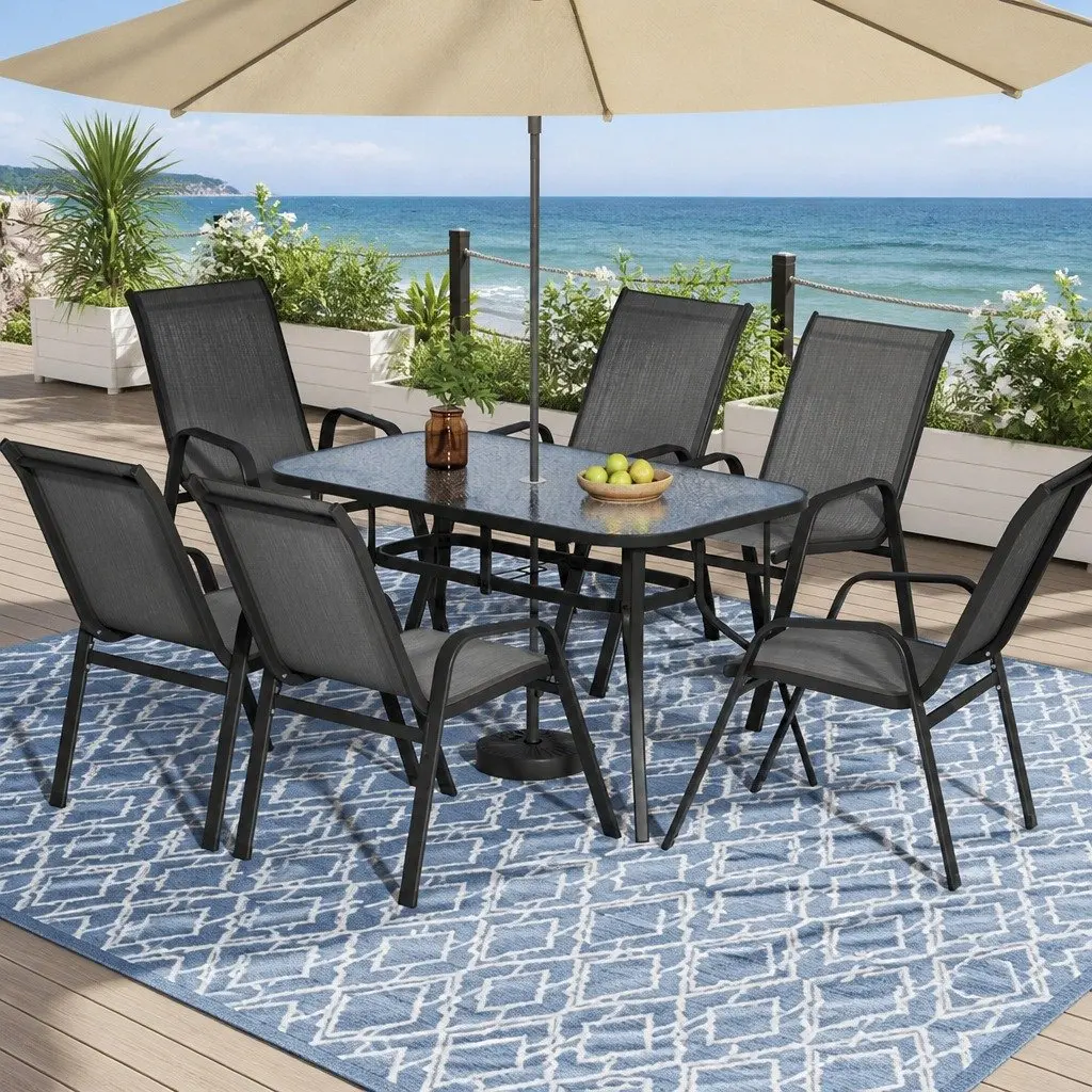 7 Piece Outdoor Dining Set Patio Glass Table Stackable Mesh Chairs