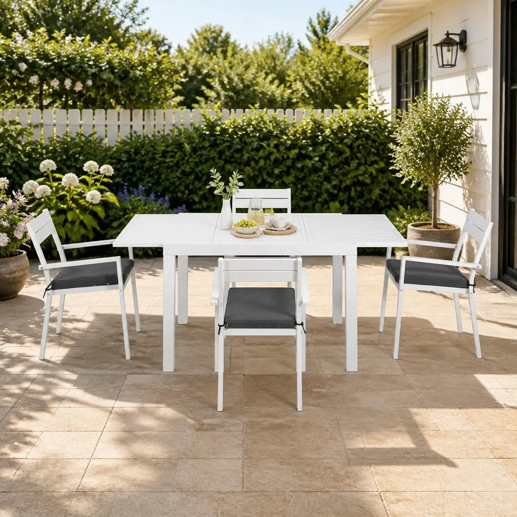 Outdoor Dining Set 5 Piece Extendable Table and Chairs for Backyard Patio Indoor Use White Grey