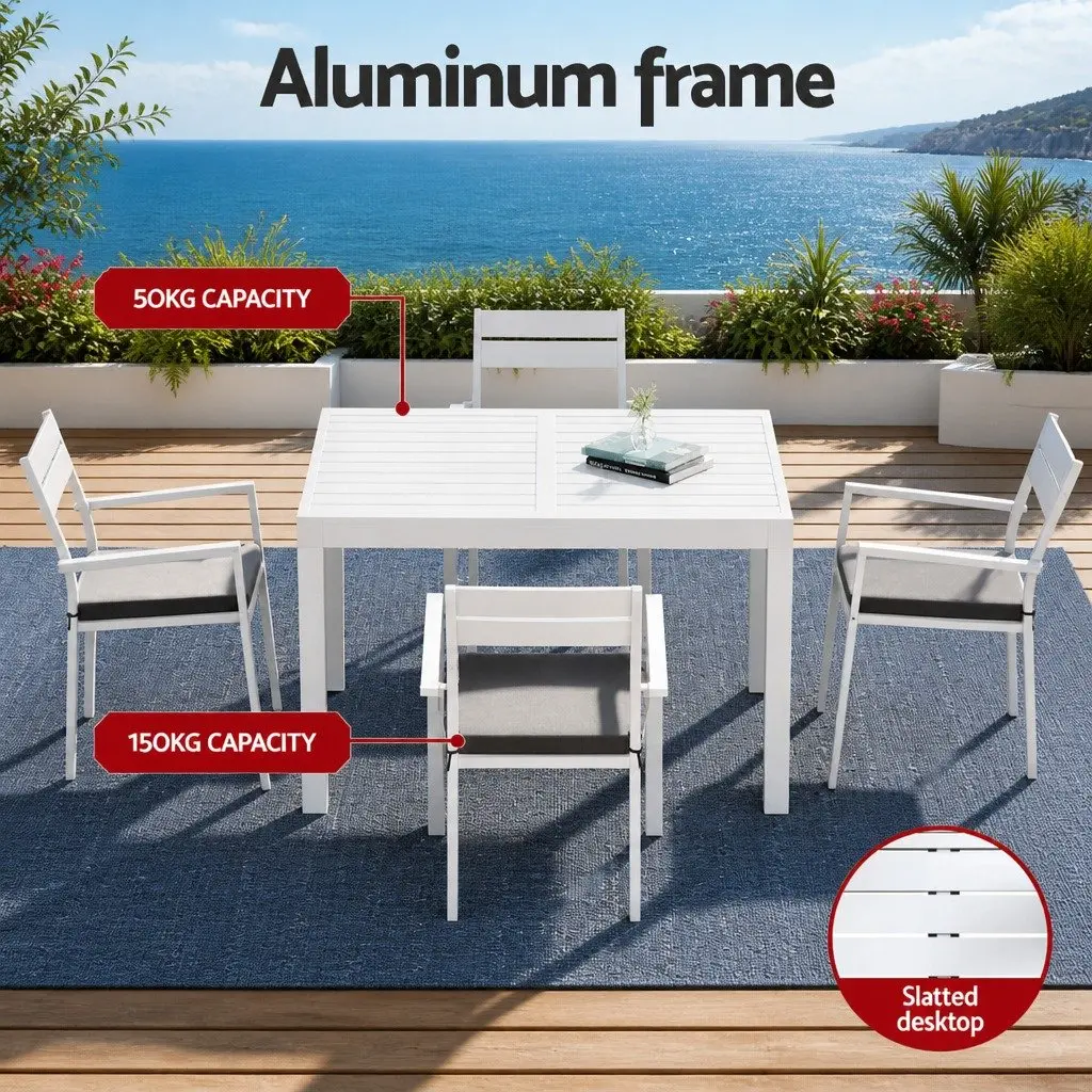 Outdoor Dining Set 5 Piece Extendable Table and Chairs for Backyard Patio Indoor Use White Grey