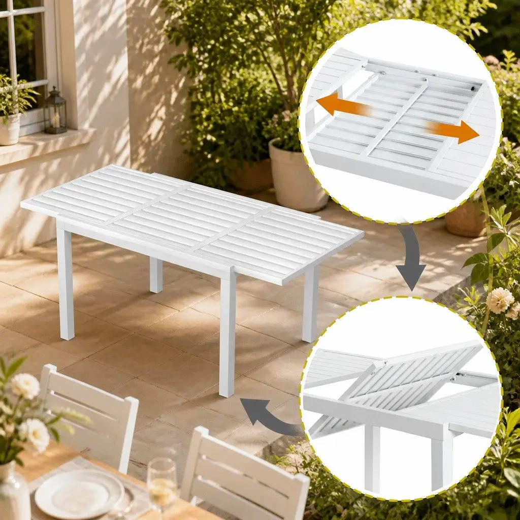 Outdoor Dining Set 5 Piece Extendable Table and Chairs for Backyard Patio Indoor Use White Grey