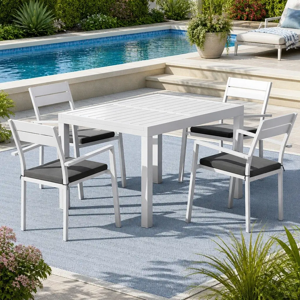 Outdoor Dining Set 5 Piece Extendable Table and Chairs for Backyard Patio Indoor Use White Grey