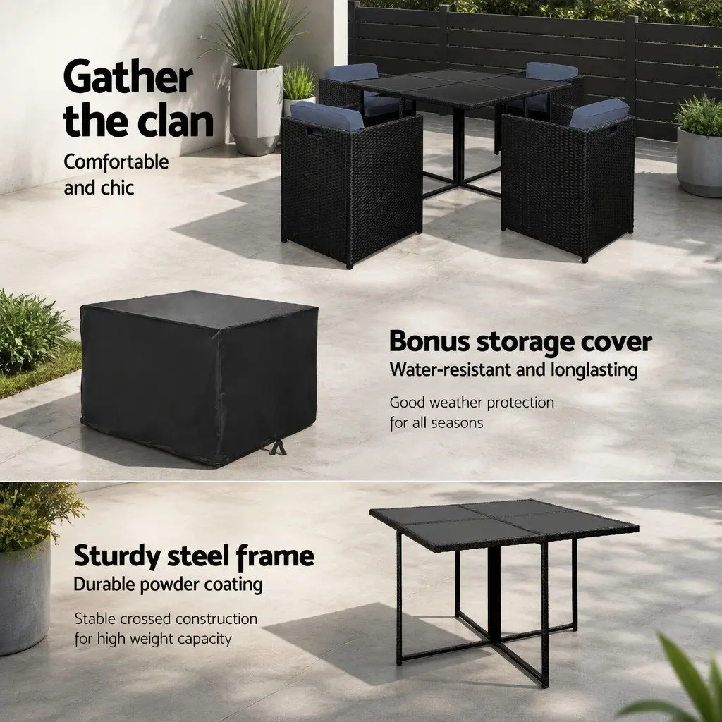 Outdoor Dining Set 5 Piece Wicker Table Chairs Black Patio Furniture Setting
