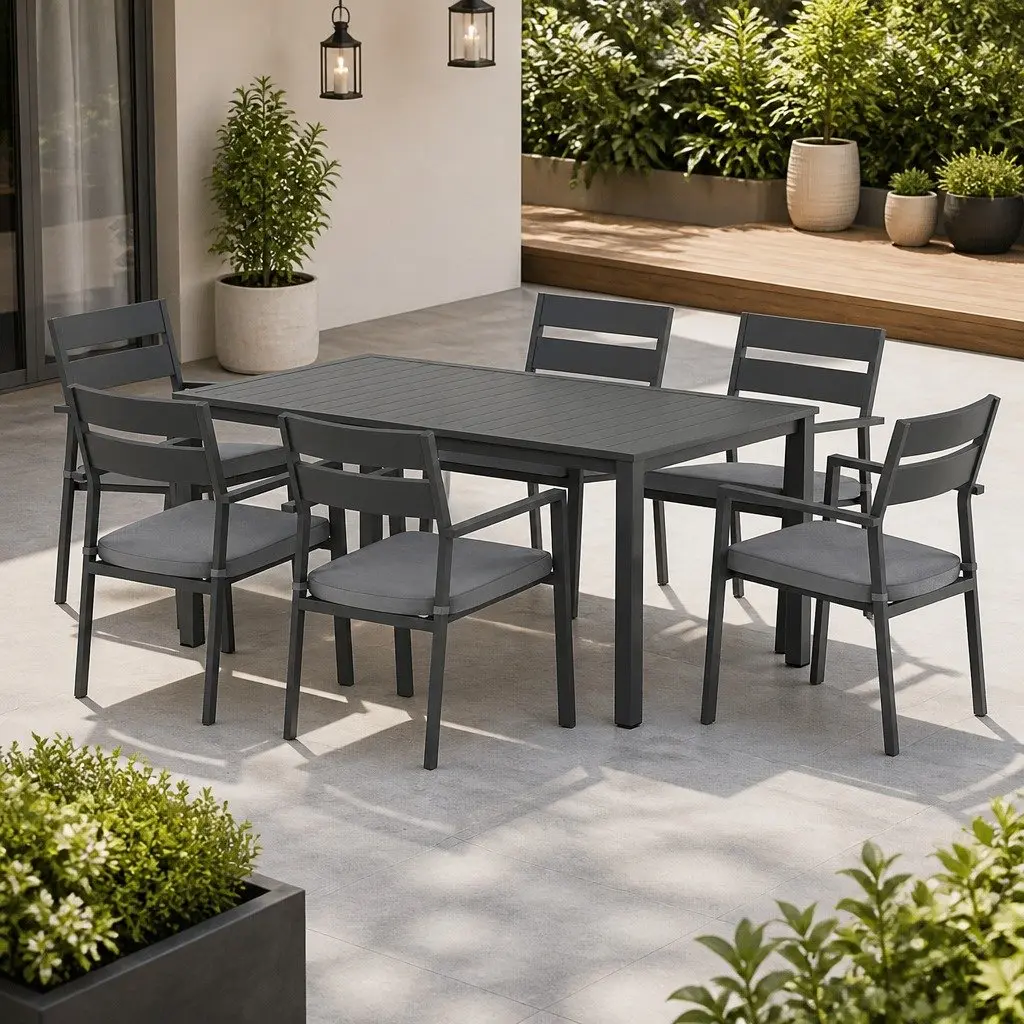 Outdoor Dining Set 7 Piece Garden Patio Furniture Black Aluminium Table and Chairs