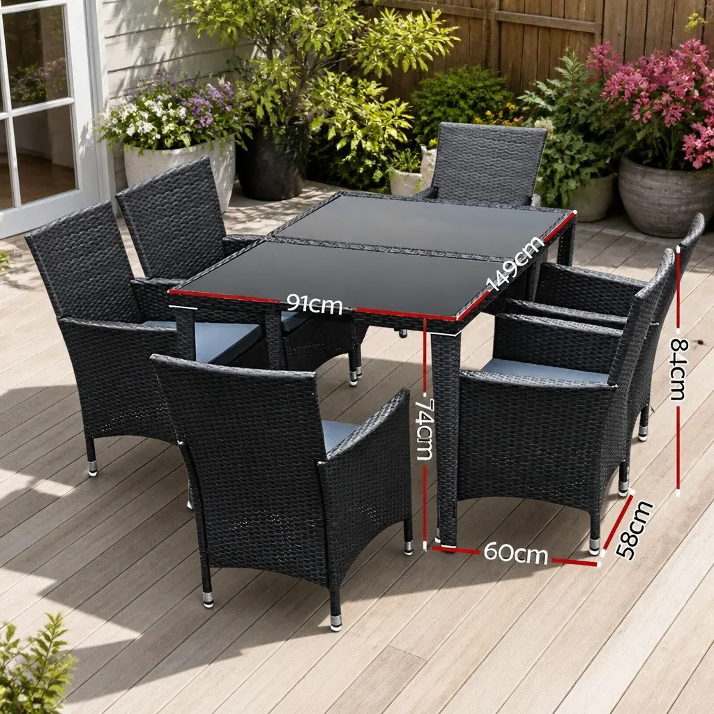Outdoor Dining Set 7 Piece Garden Furniture Wicker Lounge Chair Table Black