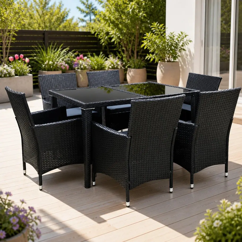 Outdoor Dining Set 7 Piece Garden Furniture Wicker Lounge Chair Table Black
