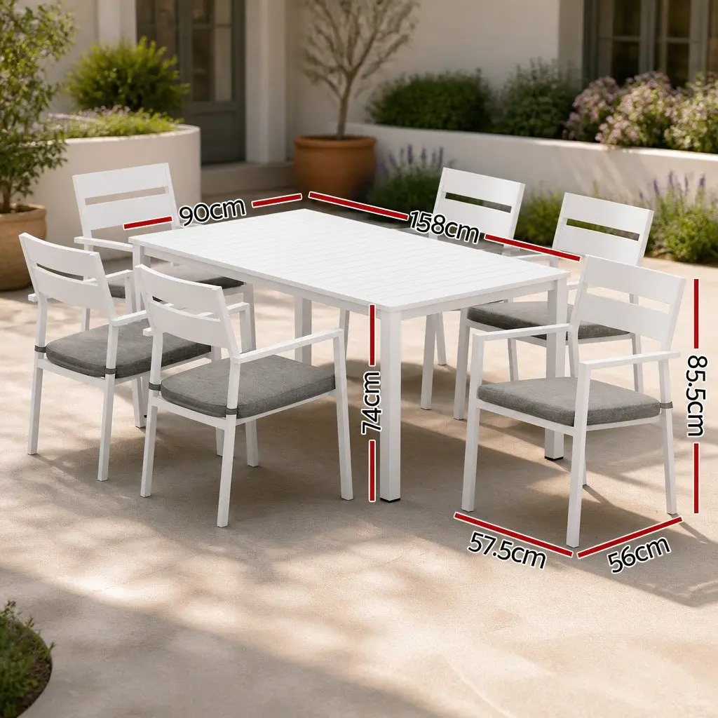 Outdoor Dining Set 7 Piece Table Chairs Grey Cushions White Powder Coated Aluminum Frame
