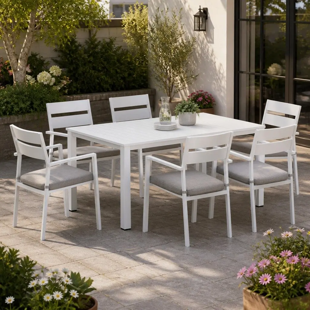 Outdoor Dining Set 7 Piece Table Chairs Grey Cushions White Powder Coated Aluminum Frame
