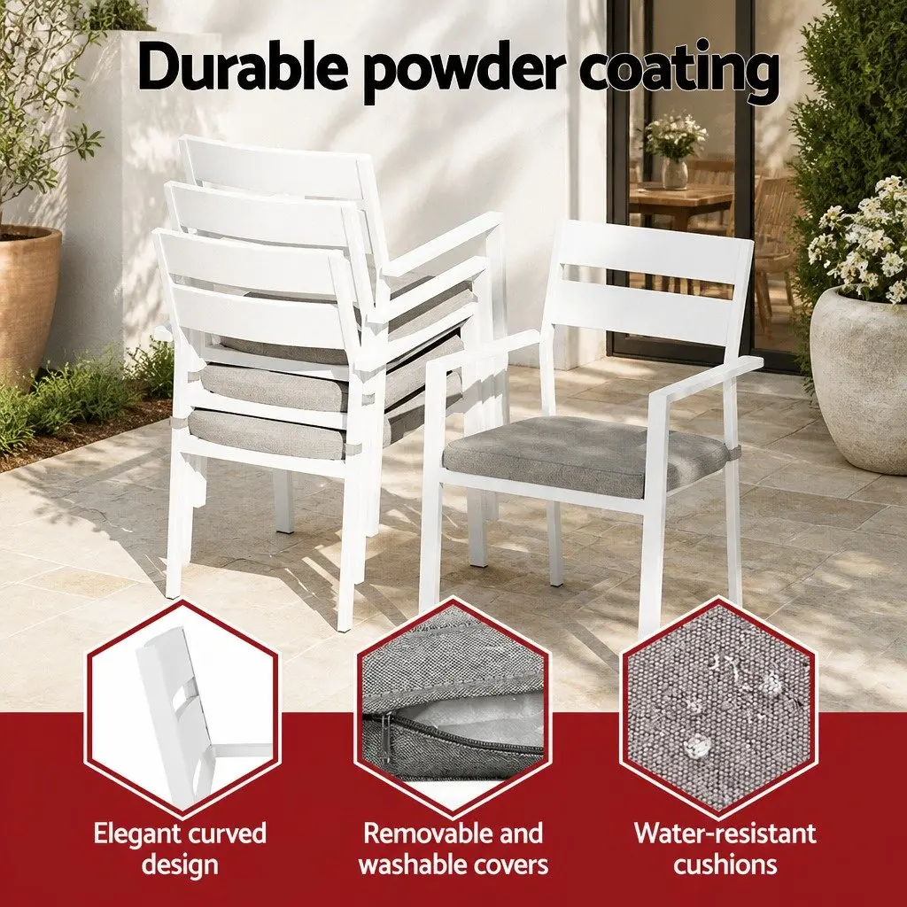 Outdoor Dining Set 7 Piece Table Chairs Grey Cushions White Powder Coated Aluminum Frame