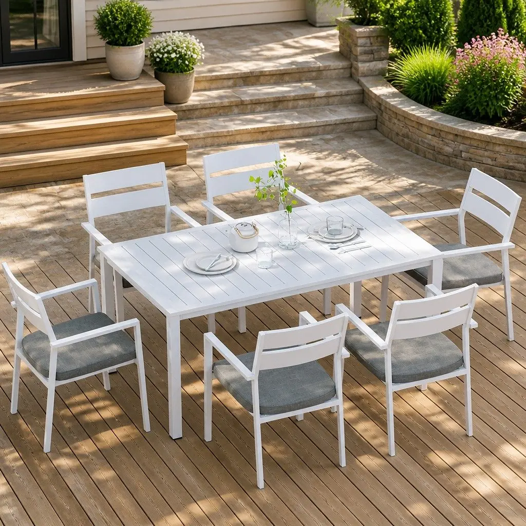 Outdoor Dining Set 7 Piece Table Chairs Grey Cushions White Powder Coated Aluminum Frame