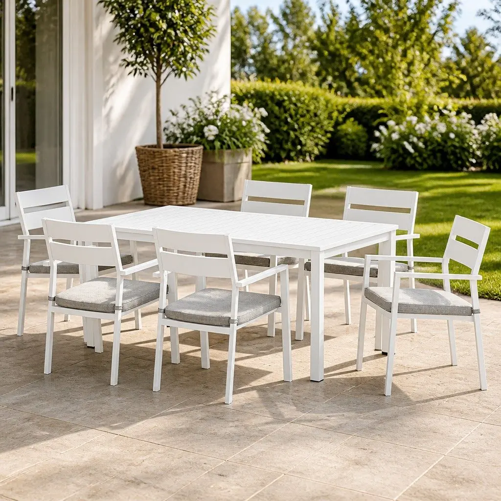 Outdoor Dining Set 7 Piece Table Chairs Grey Cushions White Powder Coated Aluminum Frame