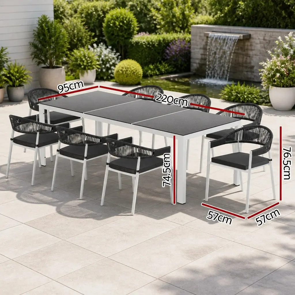 Outdoor Dining Set 9 Piece Grey Steel Table Chairs with Cushions