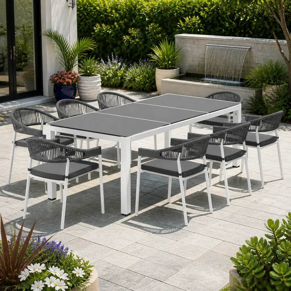 Outdoor Dining Set 9 Piece Grey Steel Table Chairs with Cushions