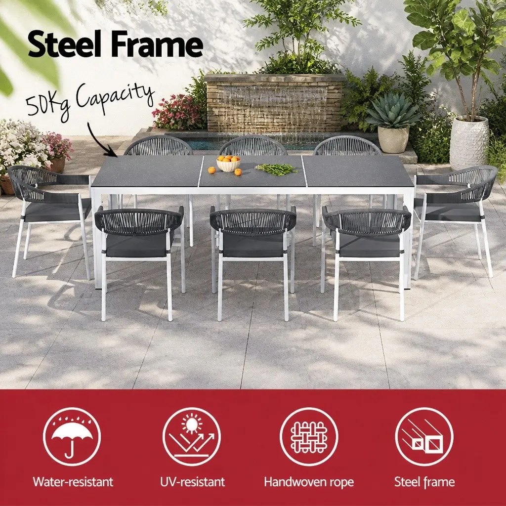 Outdoor Dining Set 9 Piece Grey Steel Table Chairs with Cushions