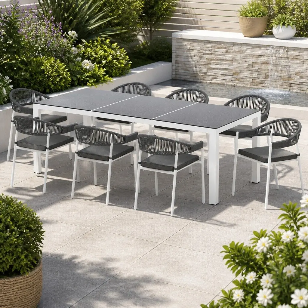Outdoor Dining Set 9 Piece Grey Steel Table Chairs with Cushions