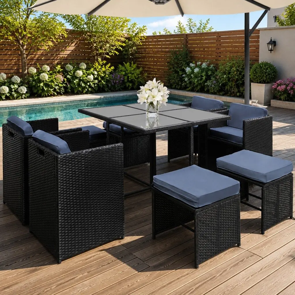 Outdoor Dining Set 9 Piece Wicker Table Chair Ottoman Black for Garden