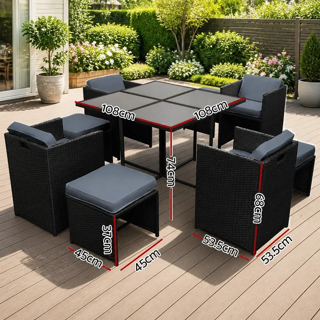 Outdoor Dining Set 9 Piece Wicker Table Chair Ottoman Black for Garden