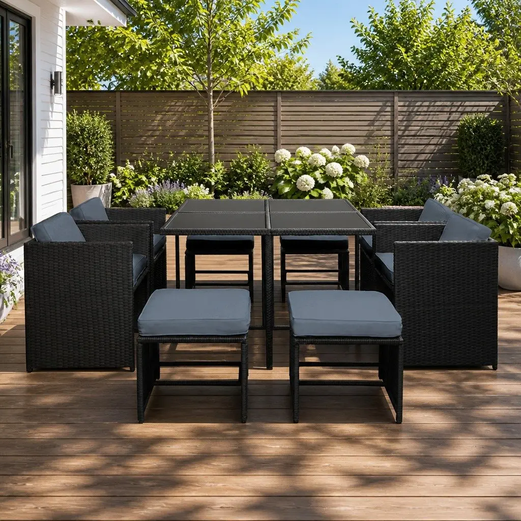 Outdoor Dining Set 9 Piece Wicker Table Chair Ottoman Black for Garden