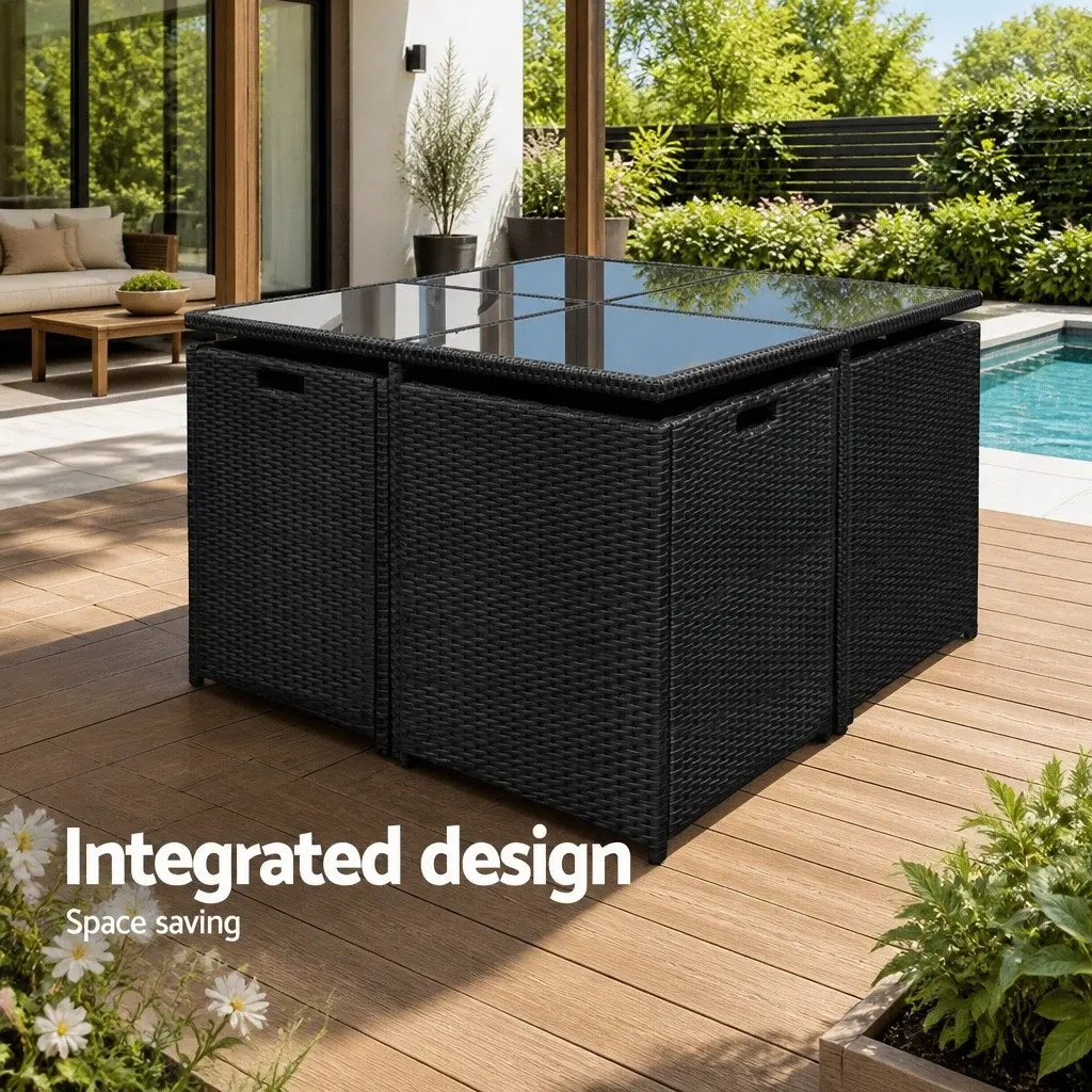 Outdoor Dining Set 9 Piece Wicker Table Chair Ottoman Black for Garden