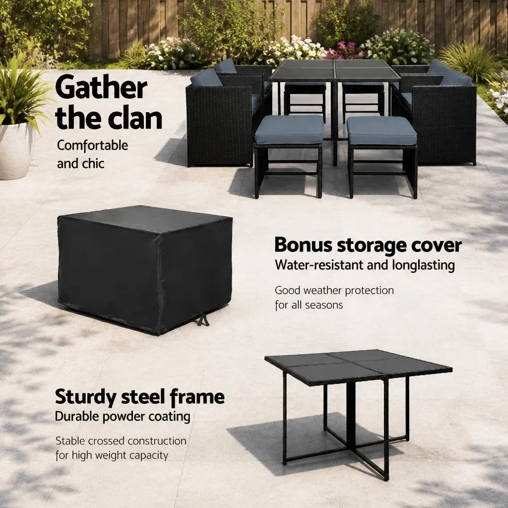 Outdoor Dining Set 9 Piece Wicker Table Chair Ottoman Black for Garden