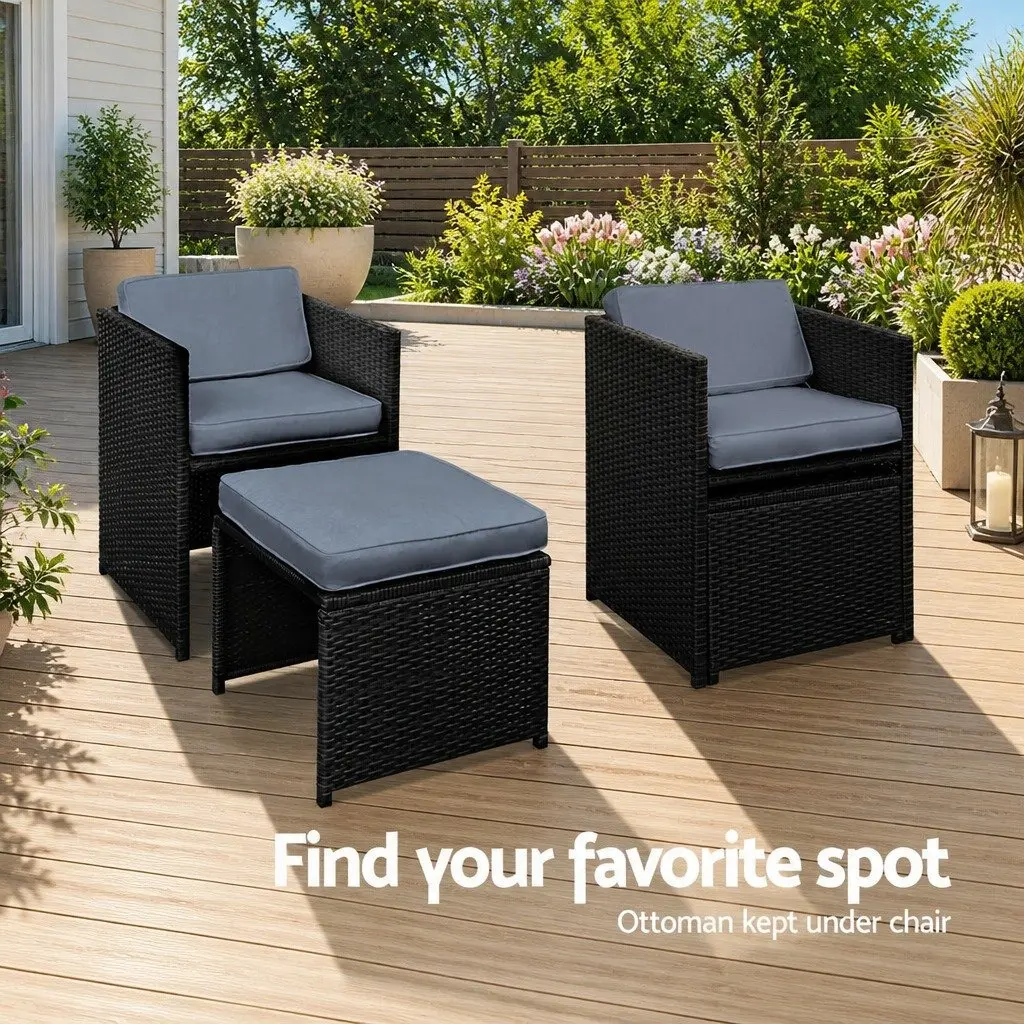 Outdoor Dining Set 9 Piece Wicker Table Chair Ottoman Black for Garden