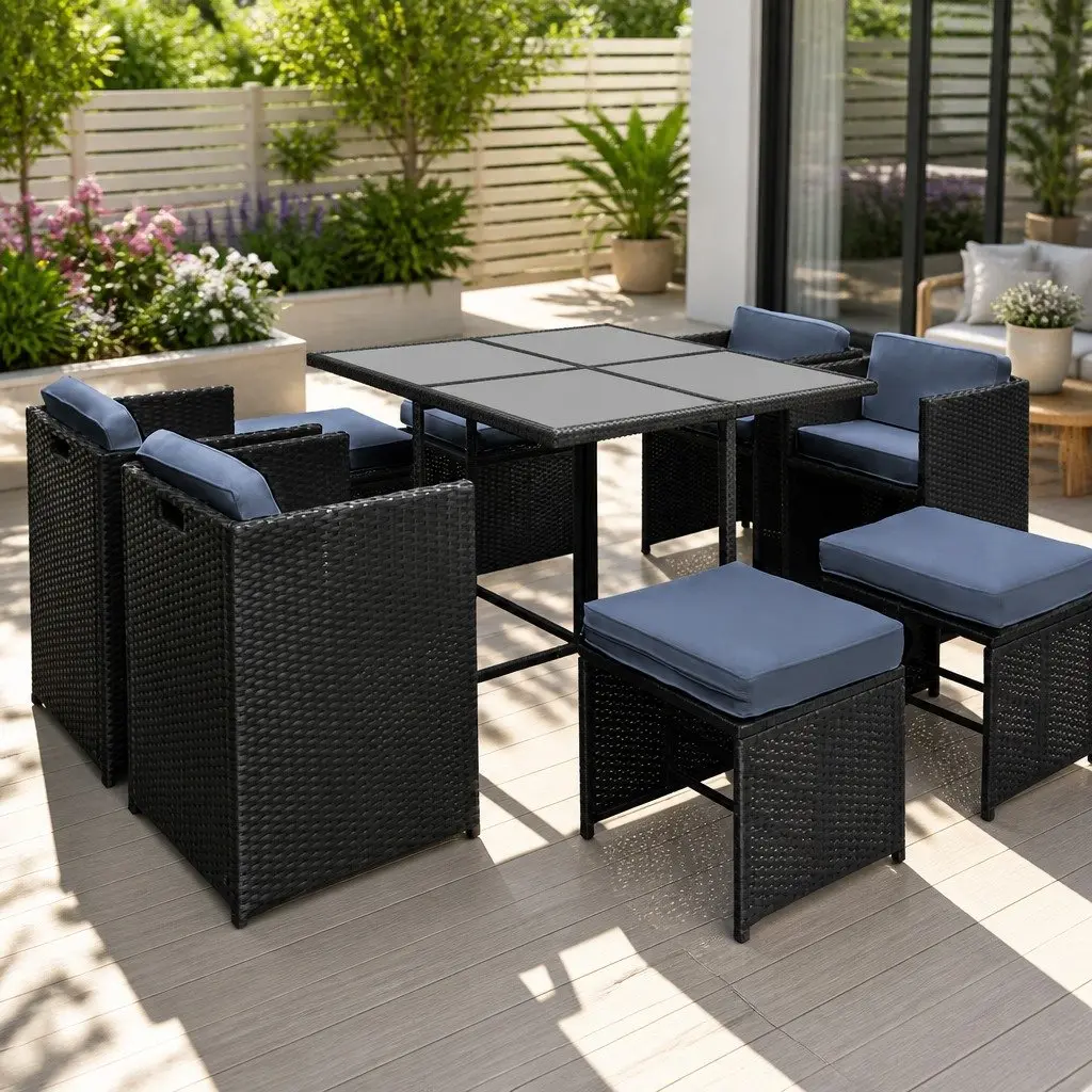 Outdoor Dining Set 9 Piece Wicker Table Chair Ottoman Black for Garden
