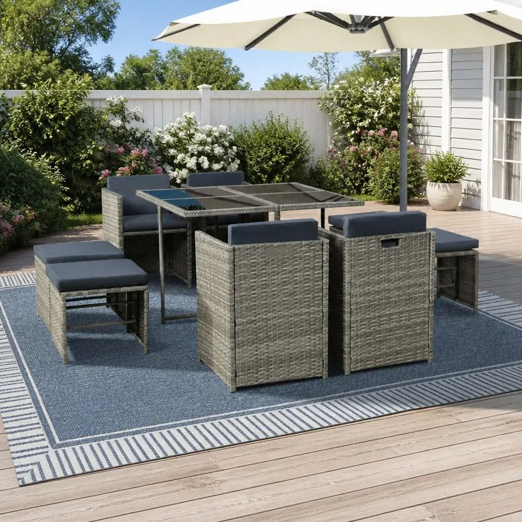 Outdoor Dining Set 9 Piece Wicker Table Chairs Grey Seat Cushions Storage Cover
