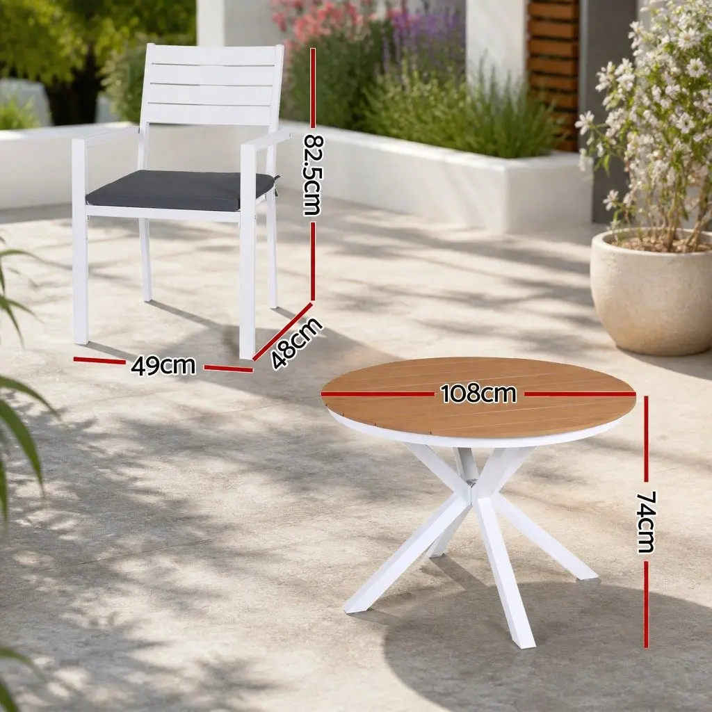 Outdoor Dining Set 5 Piece Round Table Stackable Chairs Patio Furniture White