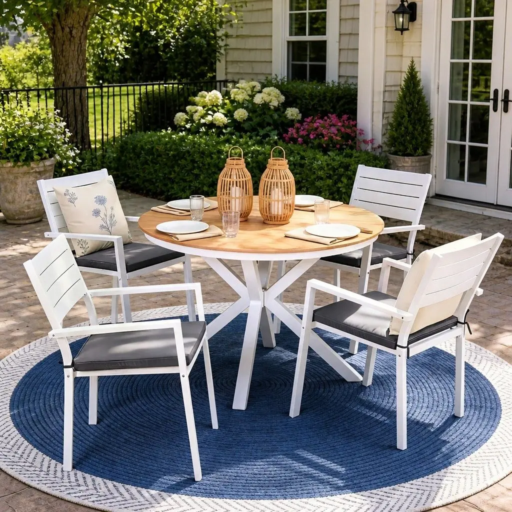 Outdoor Dining Set 5 Piece Round Table Stackable Chairs Patio Furniture White