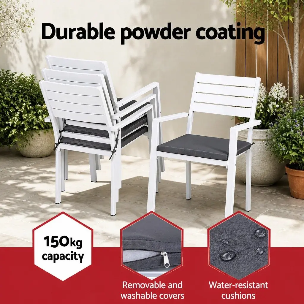 Outdoor Dining Set 5 Piece Round Table Stackable Chairs Patio Furniture White