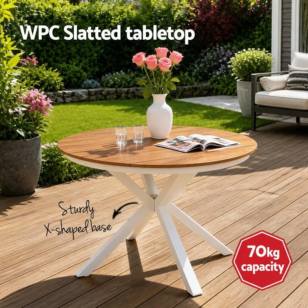 Outdoor Dining Set 5 Piece Round Table Stackable Chairs Patio Furniture White