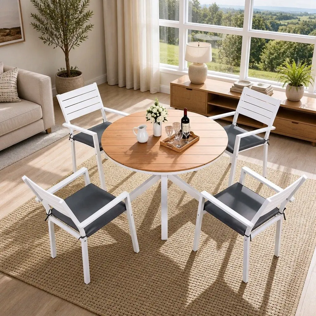 Outdoor Dining Set 5 Piece Round Table Stackable Chairs Patio Furniture White