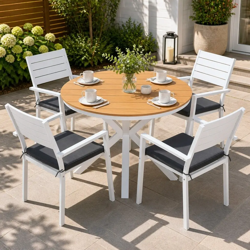 Outdoor Dining Set 5 Piece Round Table Stackable Chairs Patio Furniture White