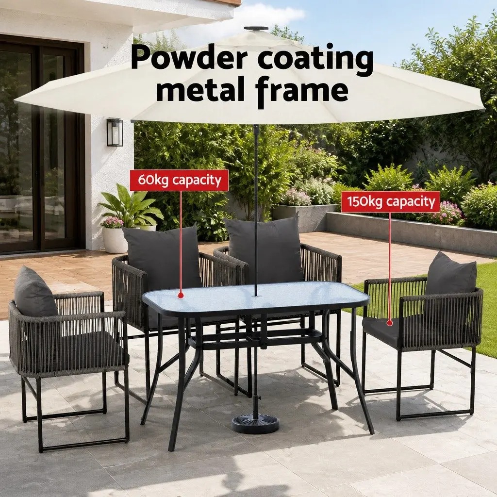 5 Piece Outdoor Dining Set Patio Garden Black Rope Chairs Glass Table