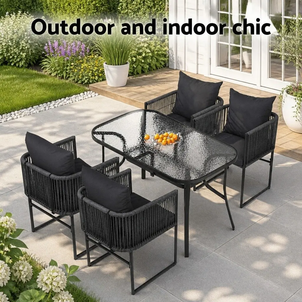 5 Piece Outdoor Dining Set Patio Garden Black Rope Chairs Glass Table