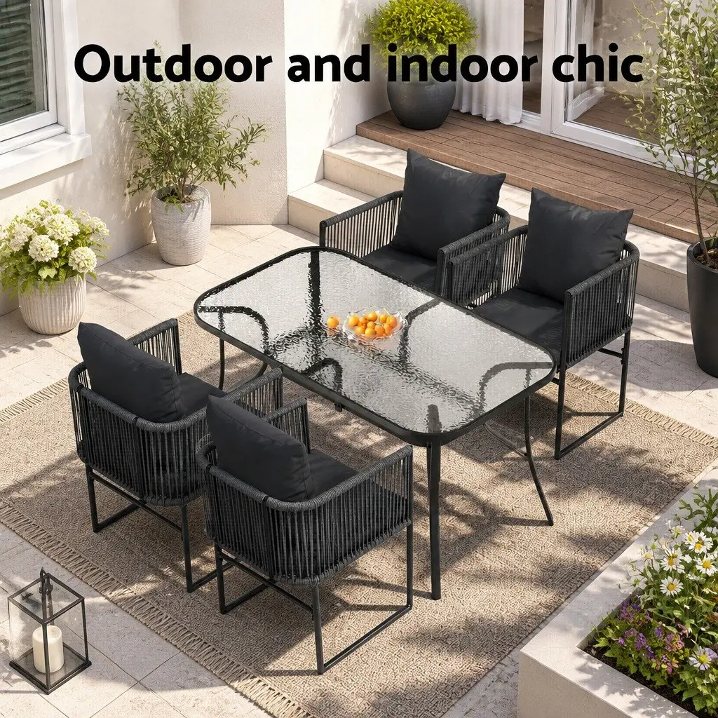 5 Piece Outdoor Dining Set for Patio Garden Black Table and Chairs